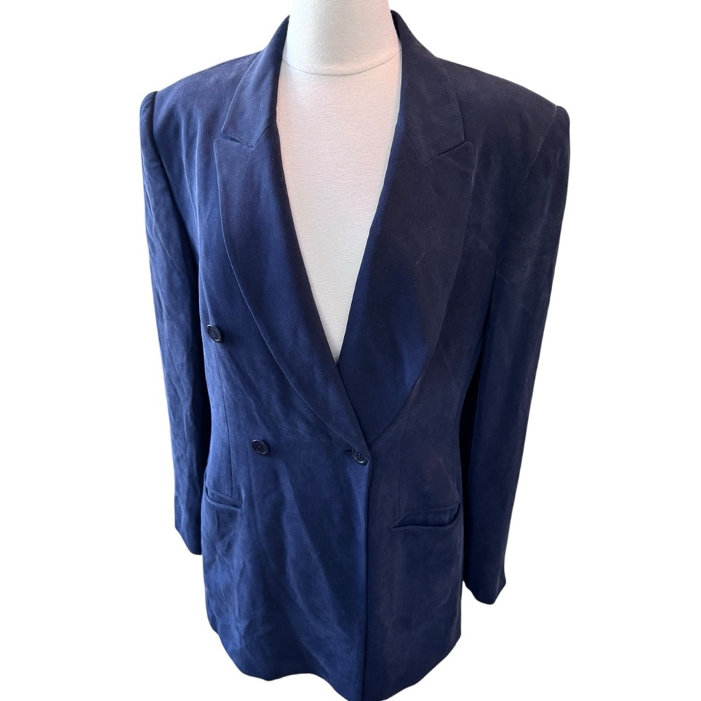 Vintage Jones New York 100% silk navy blazer lined SZ 12 Double breasted jacket